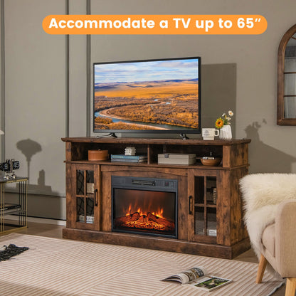 Mueble de TV con chimenea para televisores de hasta 65 pulgadas con gabinetes laterales y control remoto - Marrón