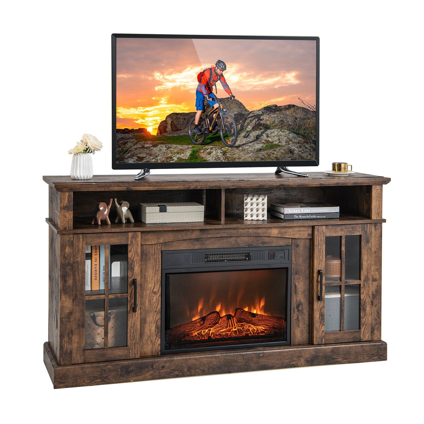 Mueble de TV con chimenea para televisores de hasta 65 pulgadas con gabinetes laterales y control remoto - Marrón
