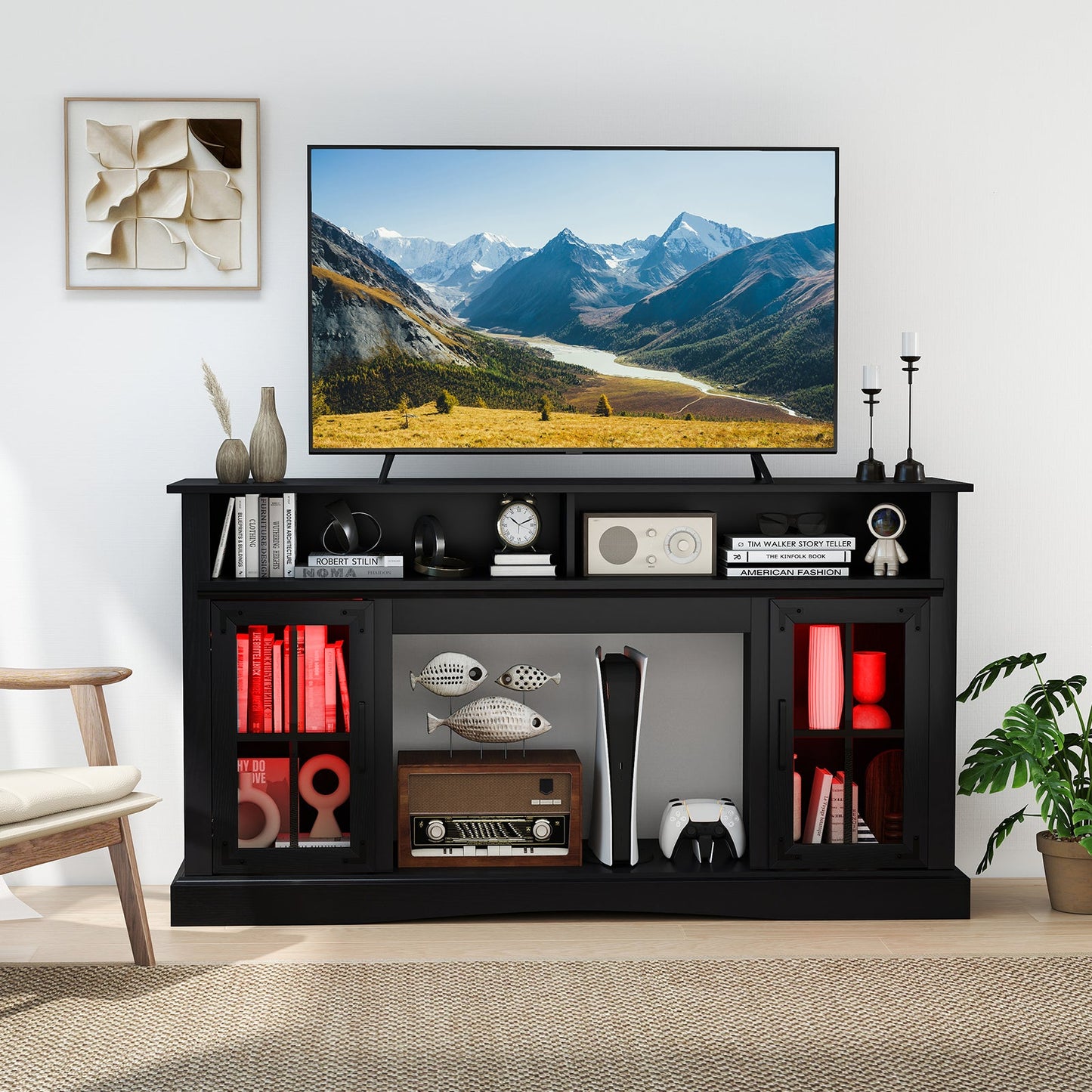 Mueble de TV con luces LED y control remoto - Negro