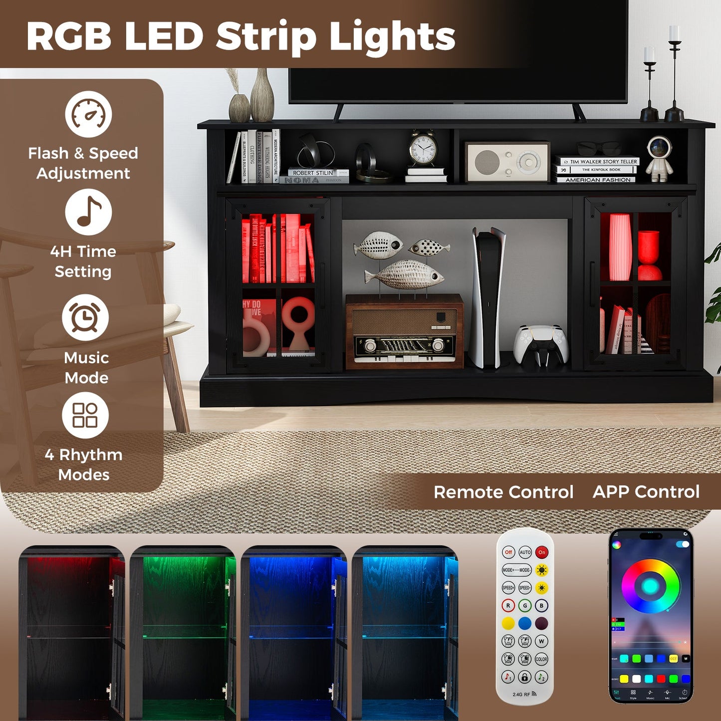 Mueble de TV con luces LED y control remoto - Negro