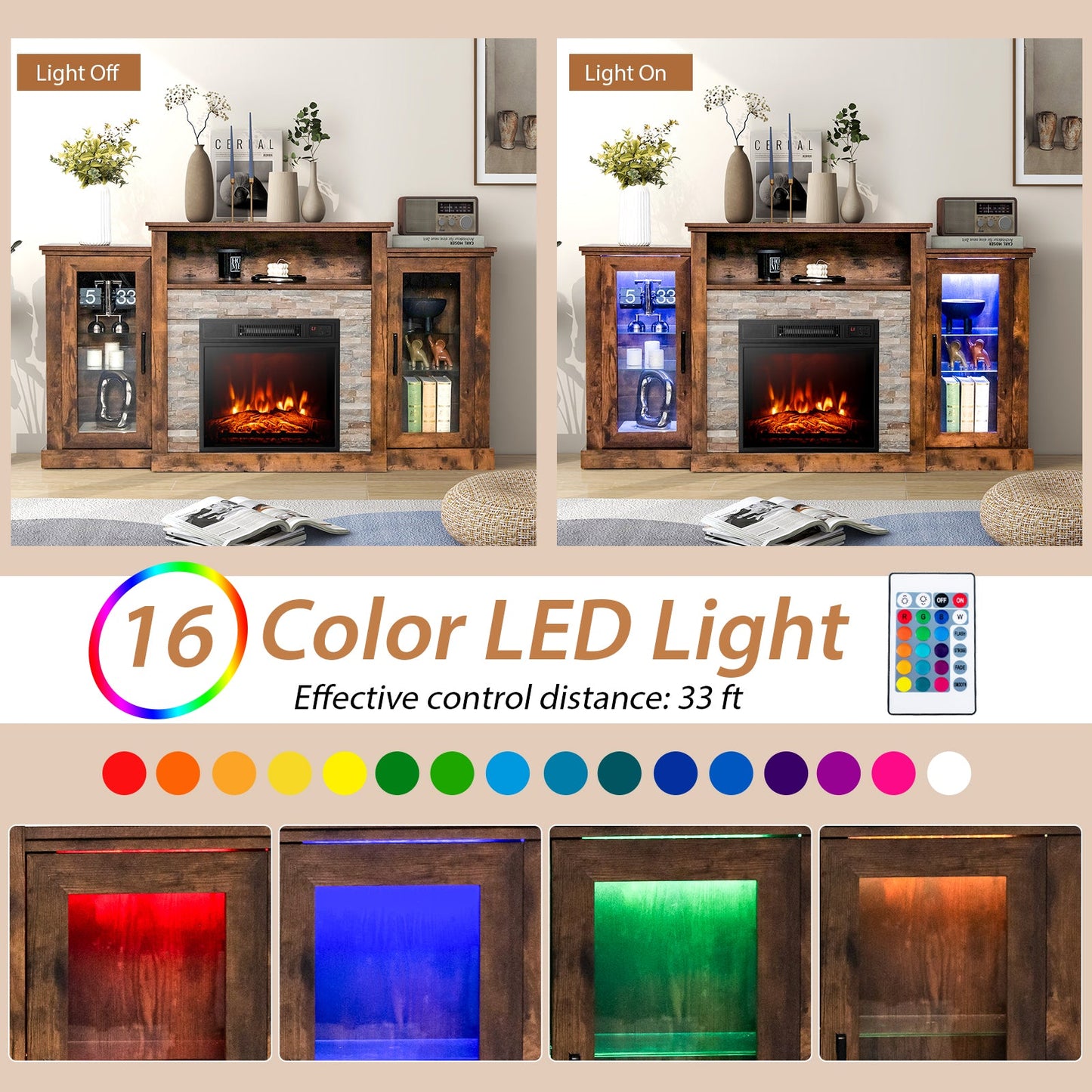 Mueble de TV con Chimenea y Luces LED de 16 Colores para Televisores de hasta 65 Pulgadas - Marrón