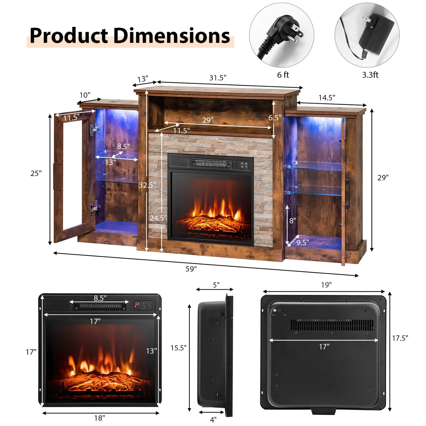 Mueble de TV con Chimenea y Luces LED de 16 Colores para Televisores de hasta 65 Pulgadas - Marrón