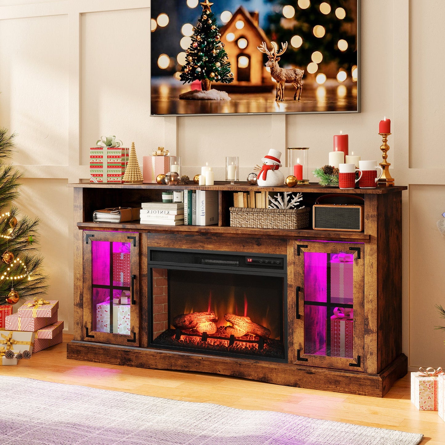 Mueble de TV con chimenea con control remoto y termostato para televisores de hasta 50 pulgadas - Marrón rústico