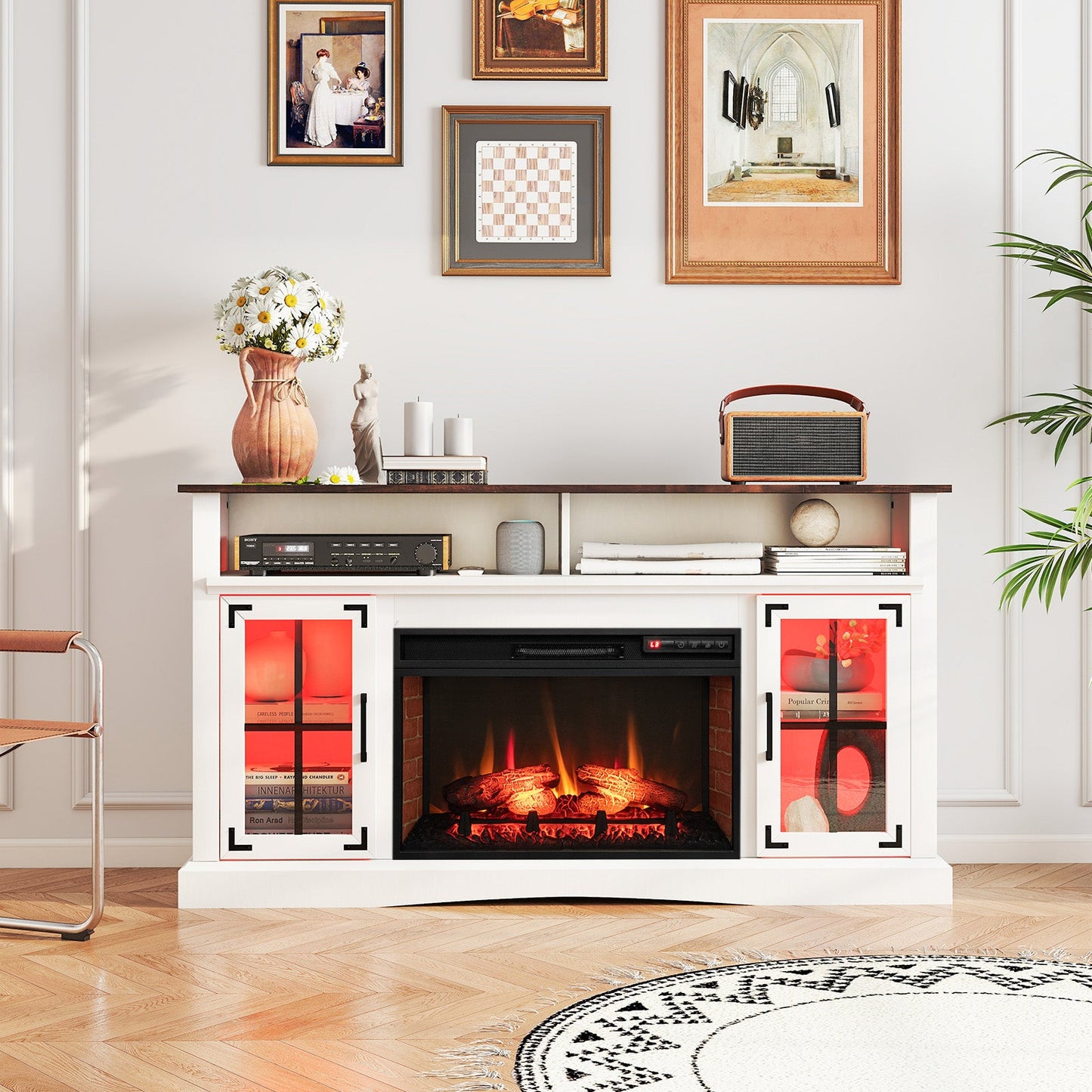 Mueble para TV con chimenea, control remoto y termostato para televisores de hasta 50 pulgadas, color blanco