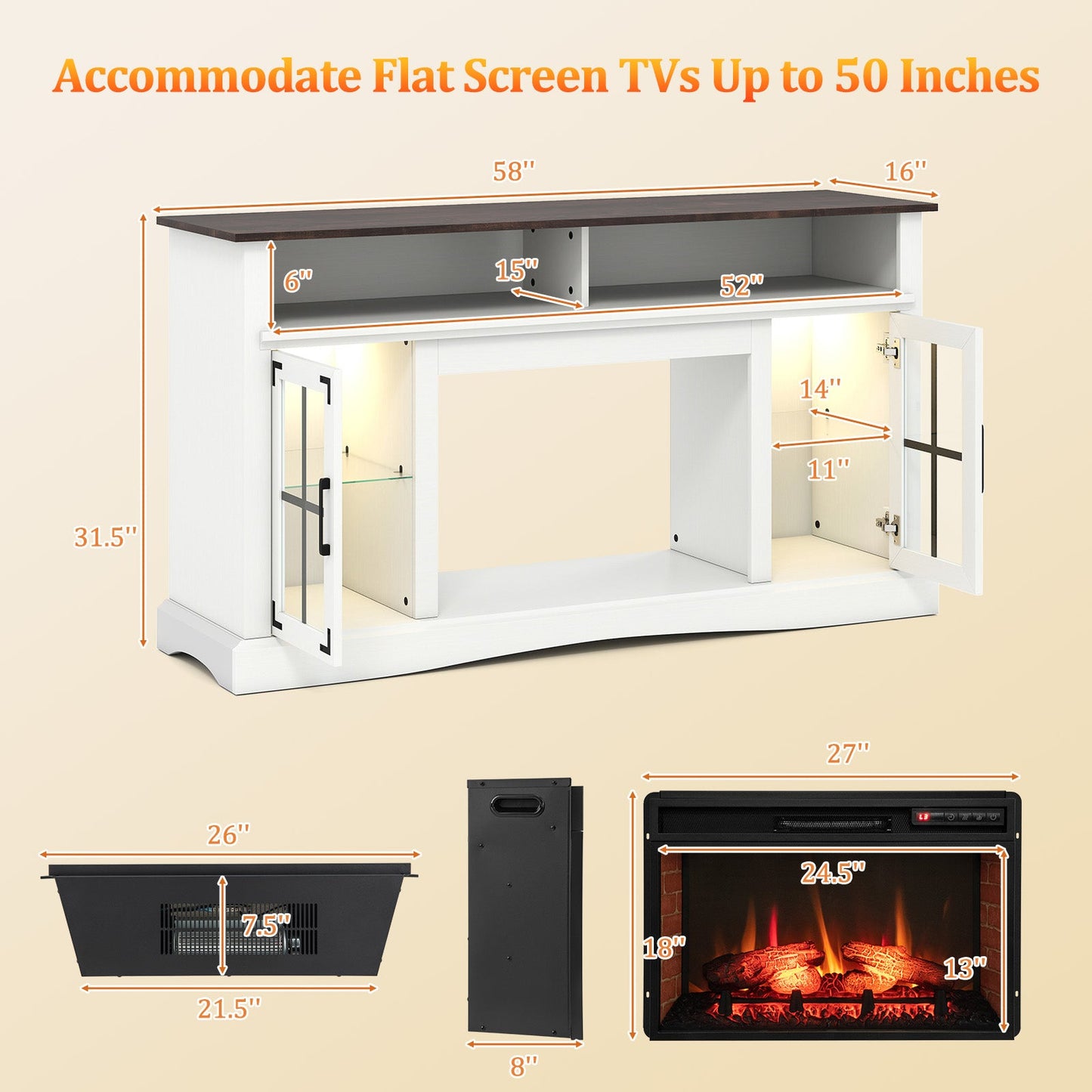 Mueble para TV con chimenea, control remoto y termostato para televisores de hasta 50 pulgadas, color blanco