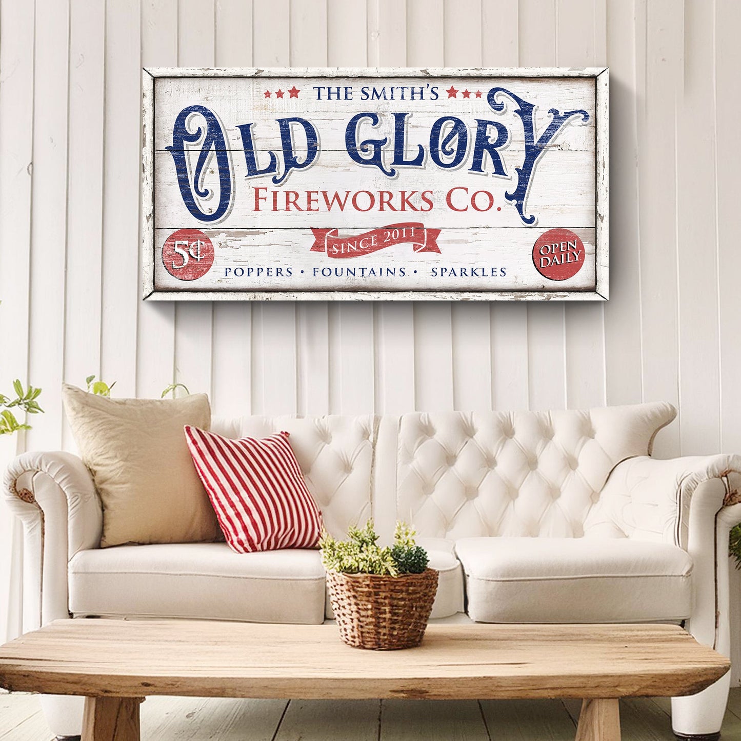 Personalized Old Glory Fireworks Co Sign canvas by Tailored Canvases with blue lettering on Tampa Home & Garden Store