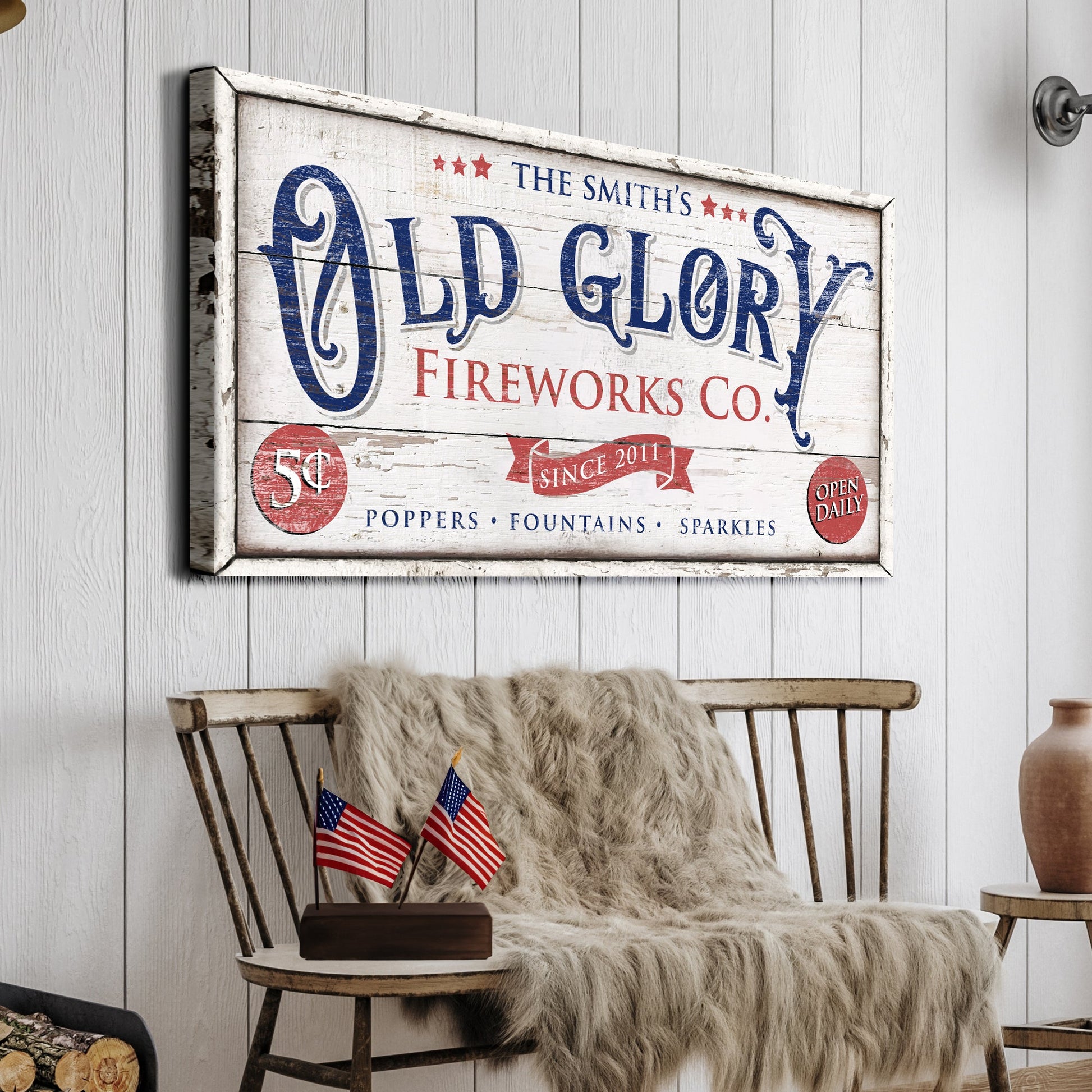 Canvas sign Old Glory Fireworks Co with distressed plank by Tailored Canvases on Tampa Home & Garden Store
