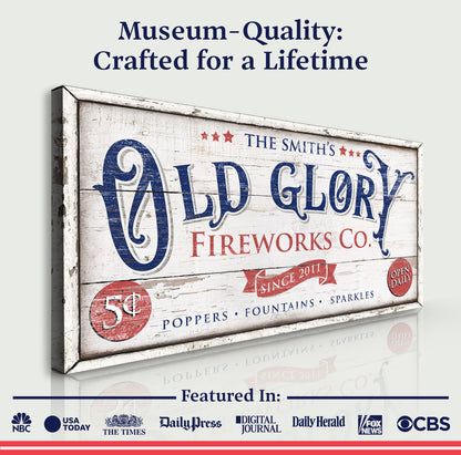 Canvas sign Personalized Old Glory Fireworks Co with blue script red accents Tailored Canvases on Tampa Home & Garden Store