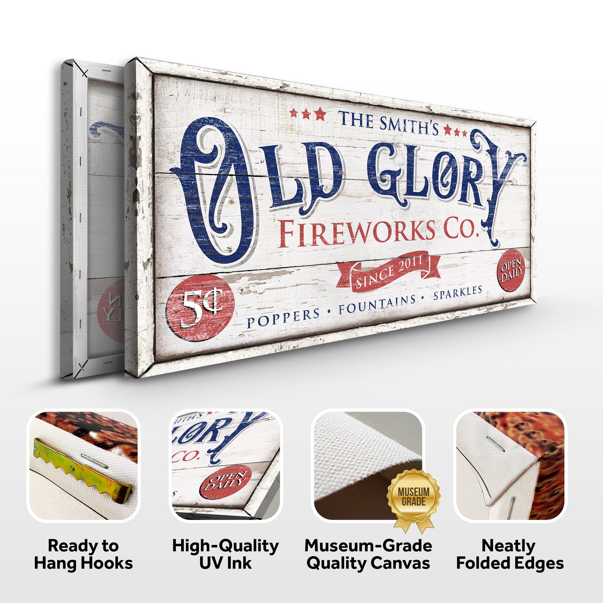 Canvas sign Tailored Canvases: Personalized Old Glory Fireworks Co on weathered white wood on Tampa Home & Garden Store
