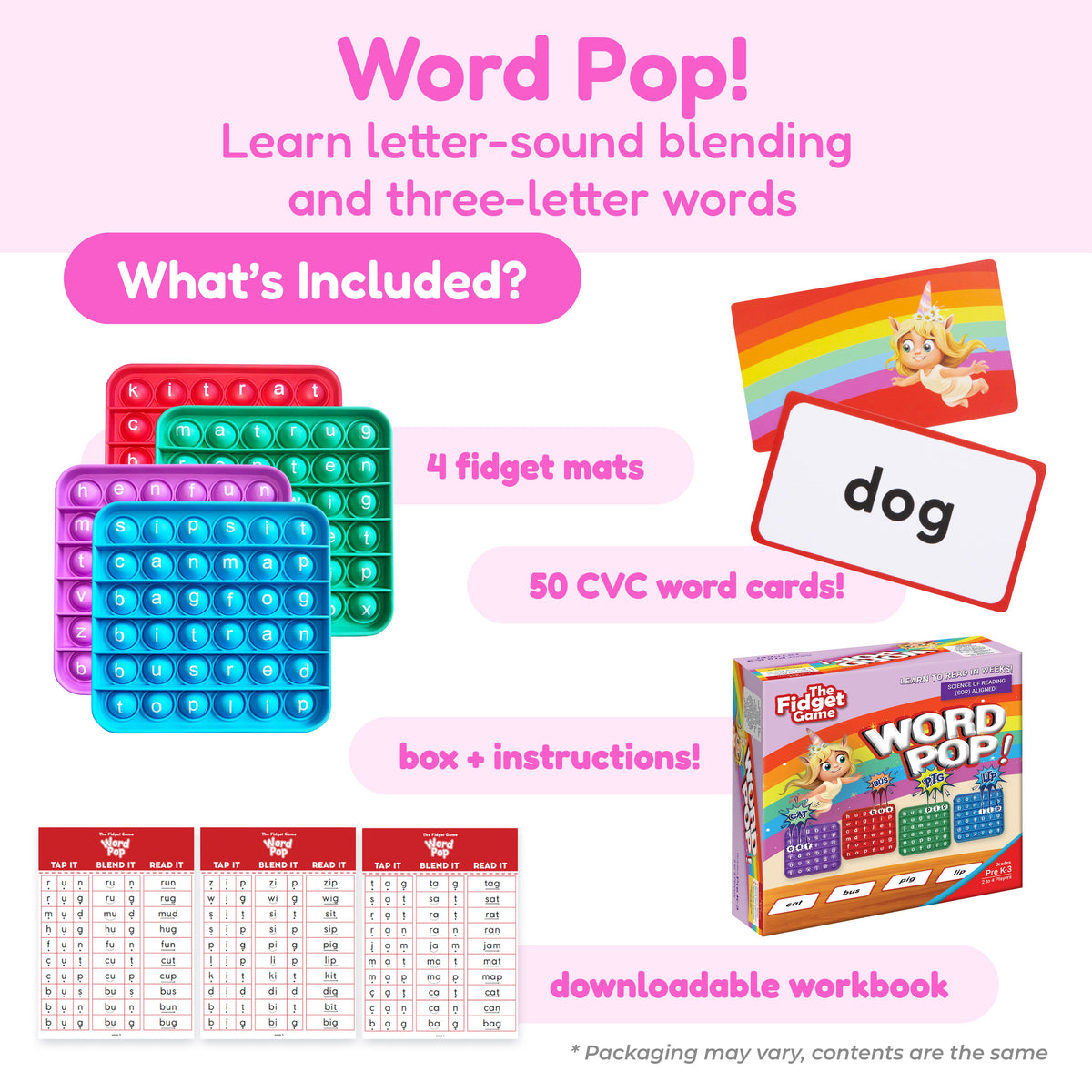 First Words Bundle by The Fidget Games; 4 color-letter-blending fidget mats and word cards on Tampa Home & Garden Store