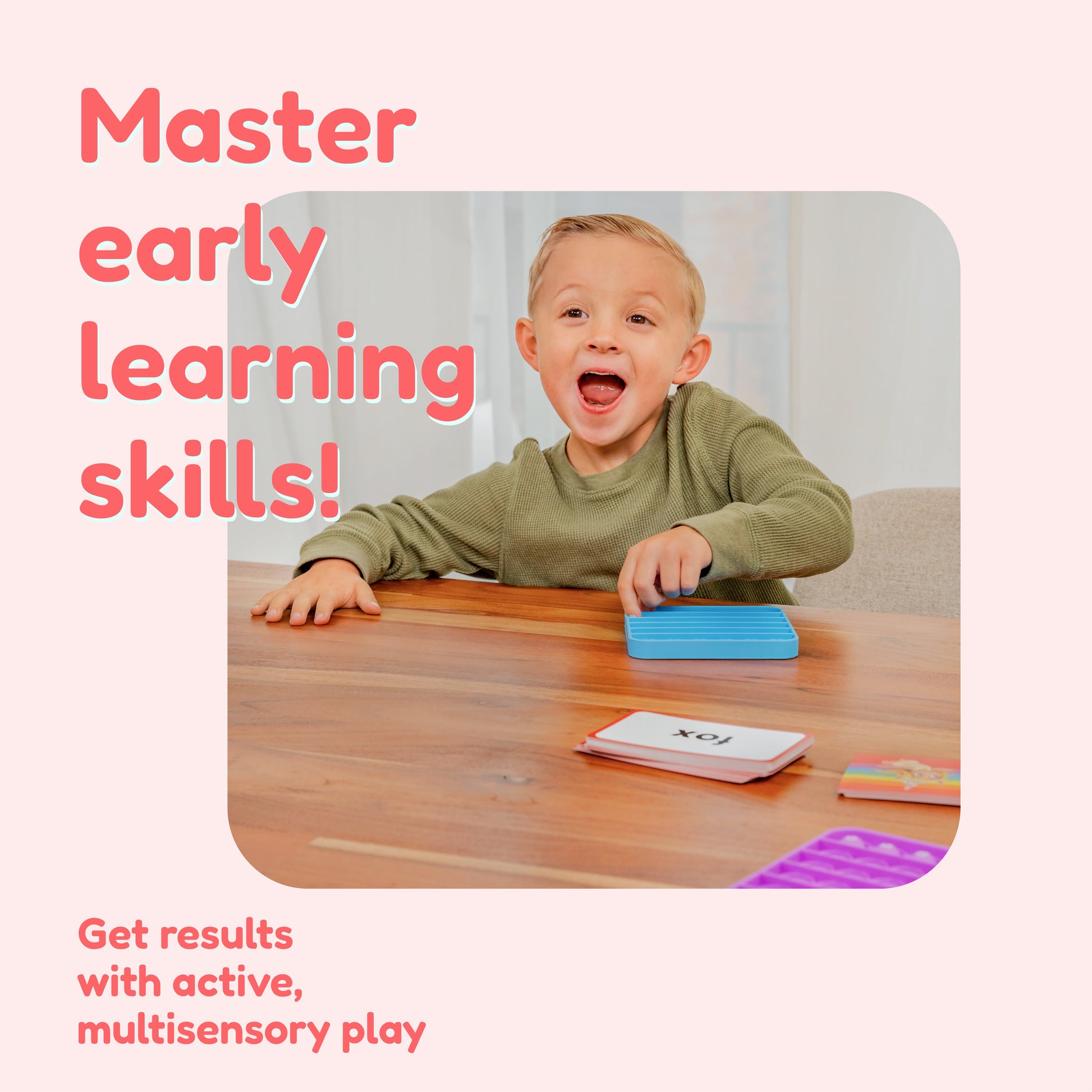 First Words Bundle reading toy by The Fidget Games, child at table with cards and blue tray on Tampa Home & Garden Store