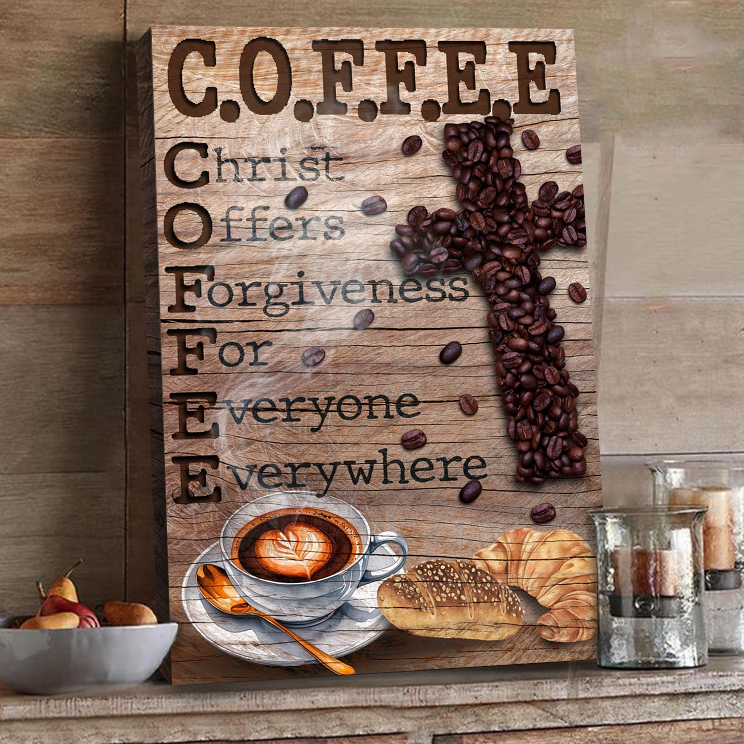 Christ And Coffee Faith Sign canvas Tailored Canvases; wood plank with coffee bean cross on Tampa Home & Garden Store