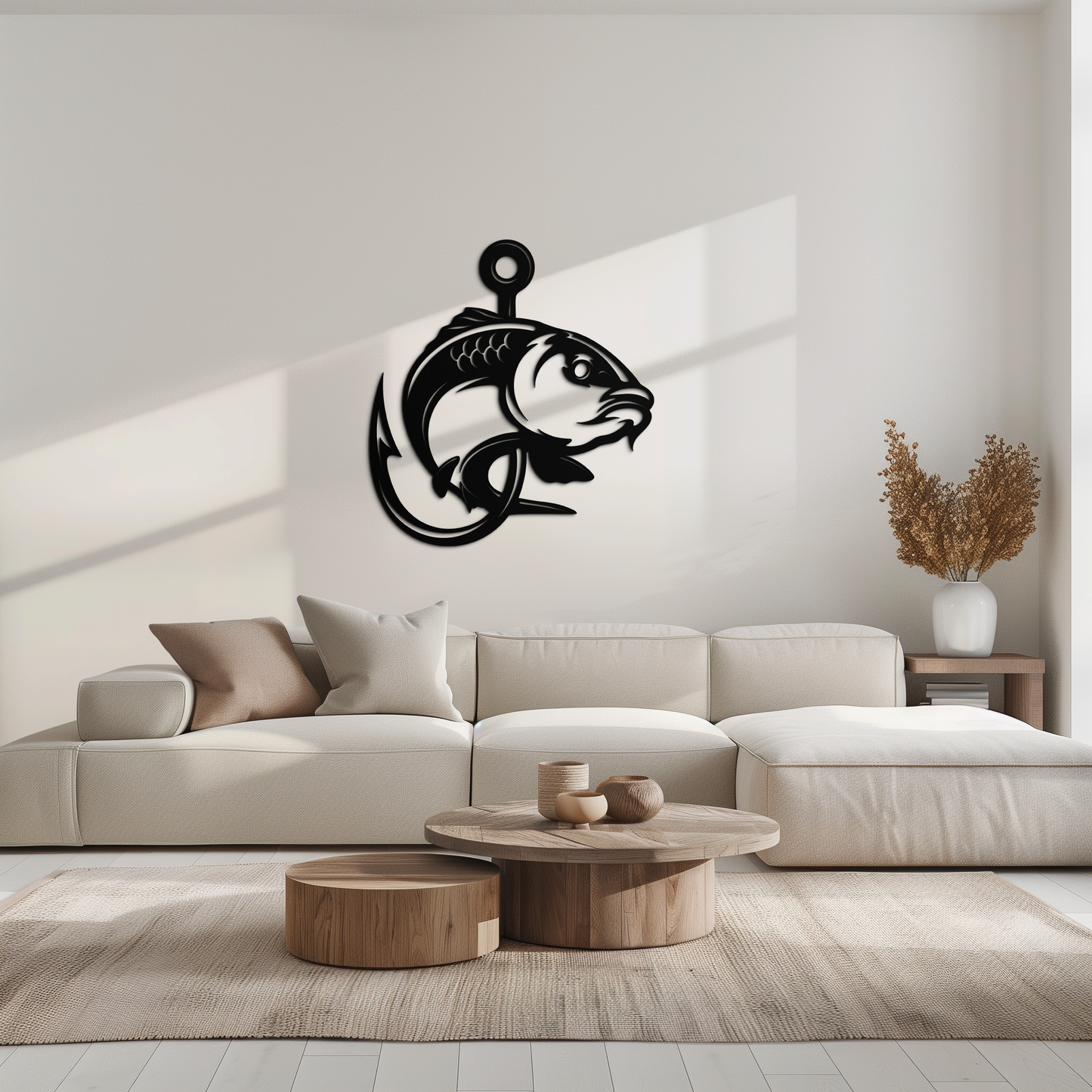 Fishing Hook and Fish Silhouette Metal Wall Art – Black Steel Angler’s Home Decor- KAF495 - Tampa Home & Garden Store