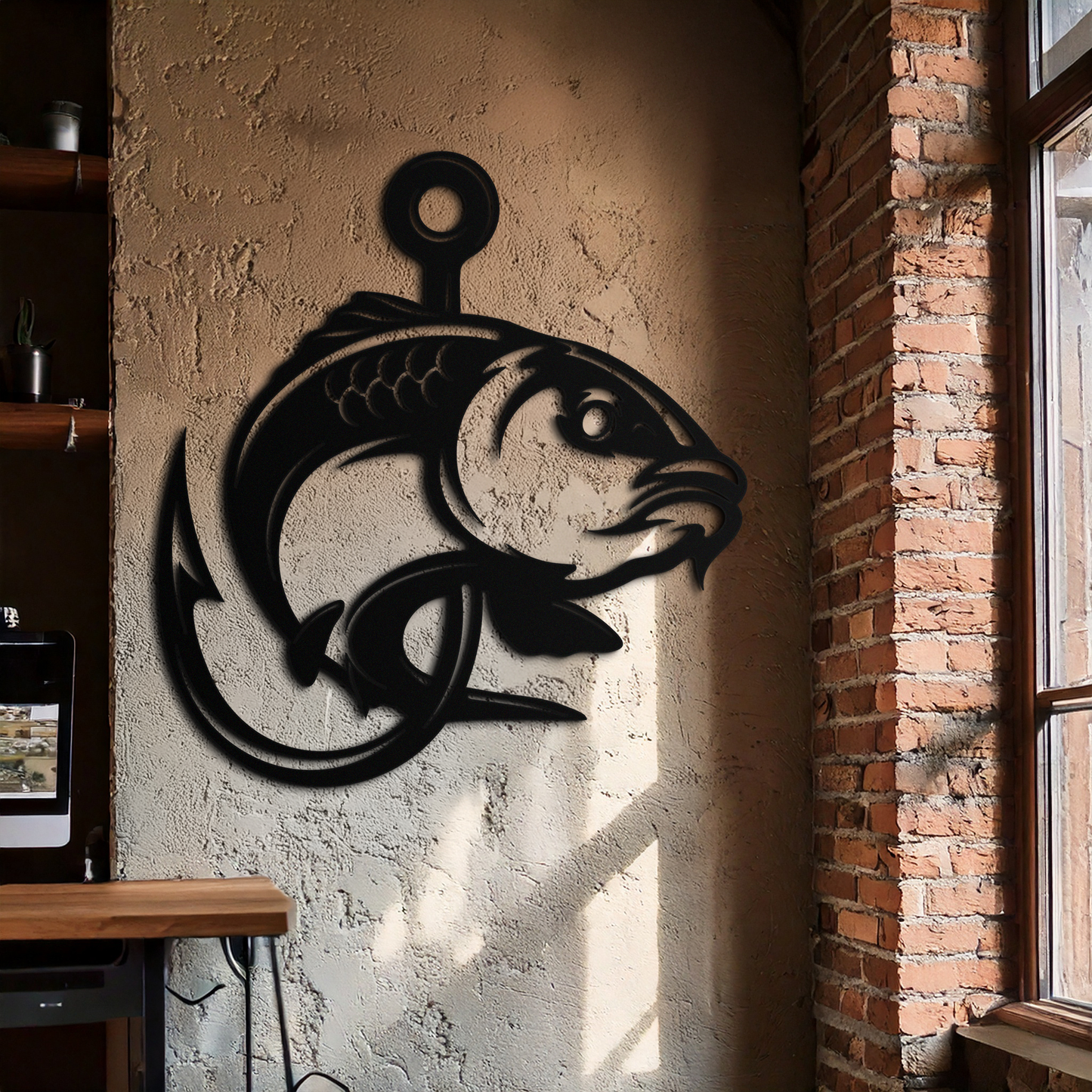 Fishing Hook and Fish Silhouette Metal Wall Art – Black Steel Angler’s Home Decor- KAF495 - Tampa Home & Garden Store