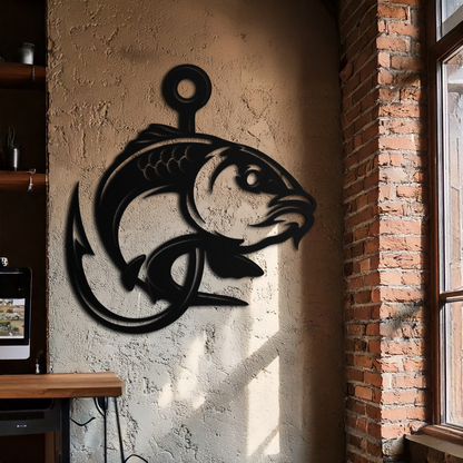 Fishing Hook and Fish Silhouette Metal Wall Art – Black Steel Angler’s Home Decor- KAF495 - Tampa Home & Garden Store
