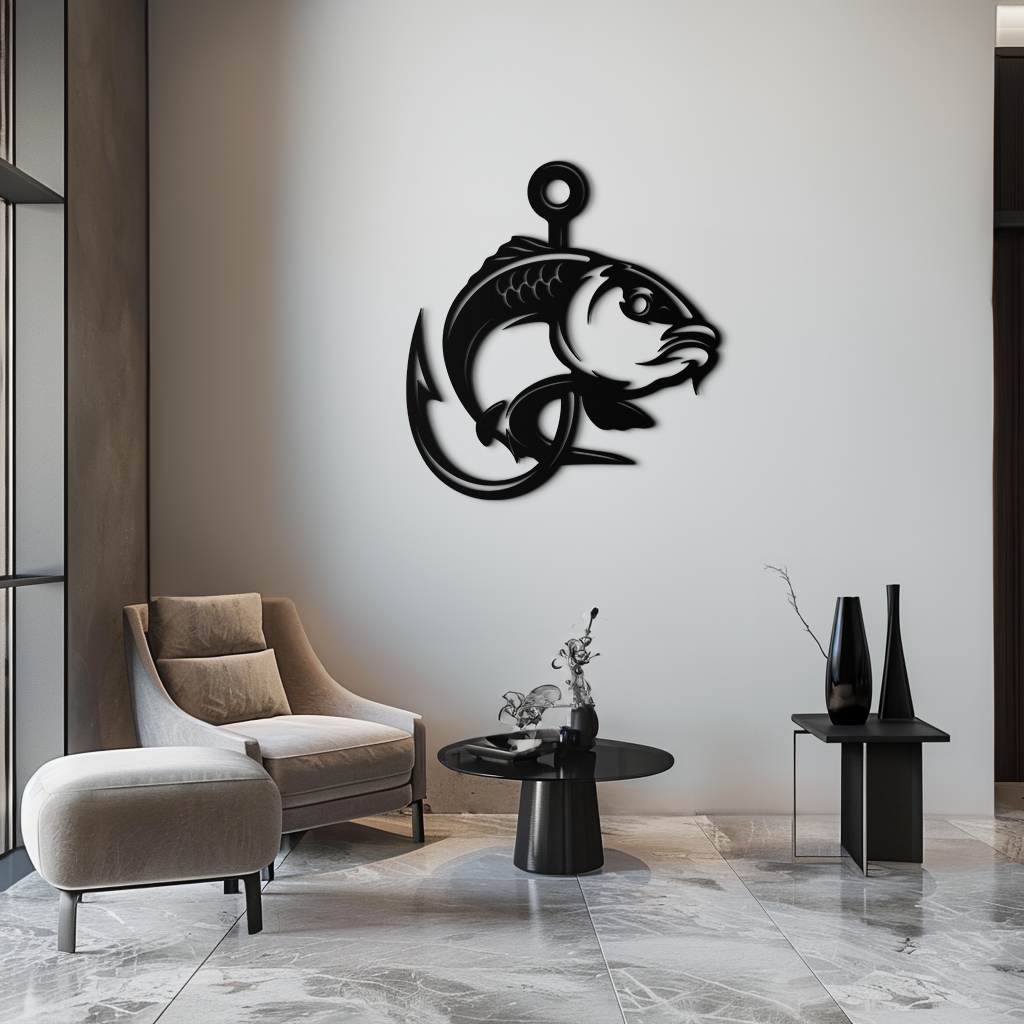 Fishing Hook and Fish Silhouette Metal Wall Art – Black Steel Angler’s Home Decor- KAF495 - Tampa Home & Garden Store