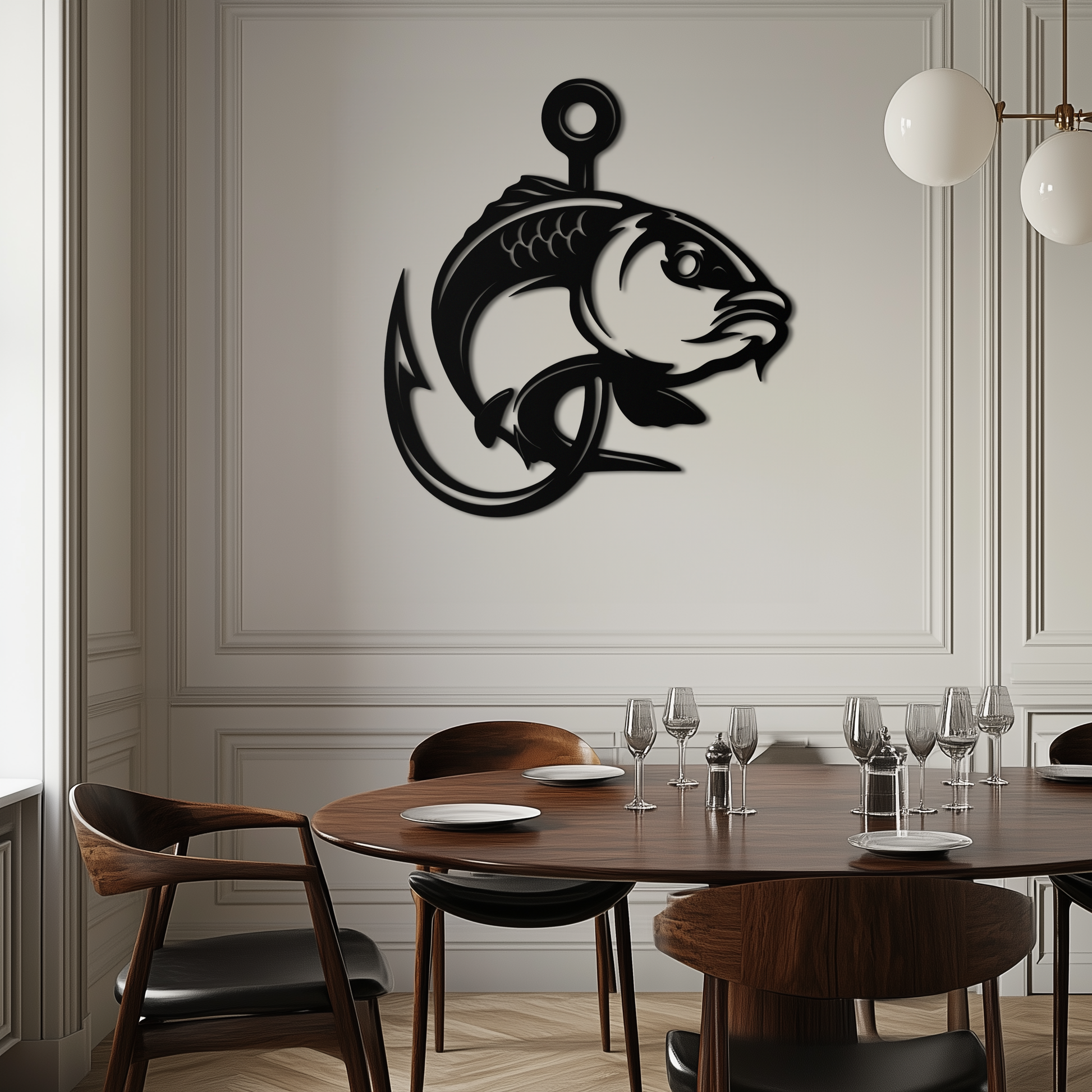Fishing Hook and Fish Silhouette Metal Wall Art – Black Steel Angler’s Home Decor- KAF495 - Tampa Home & Garden Store