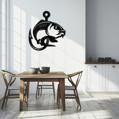 Fishing Hook and Fish Silhouette Metal Wall Art – Black Steel Angler’s Home Decor- KAF495 - Tampa Home & Garden Store