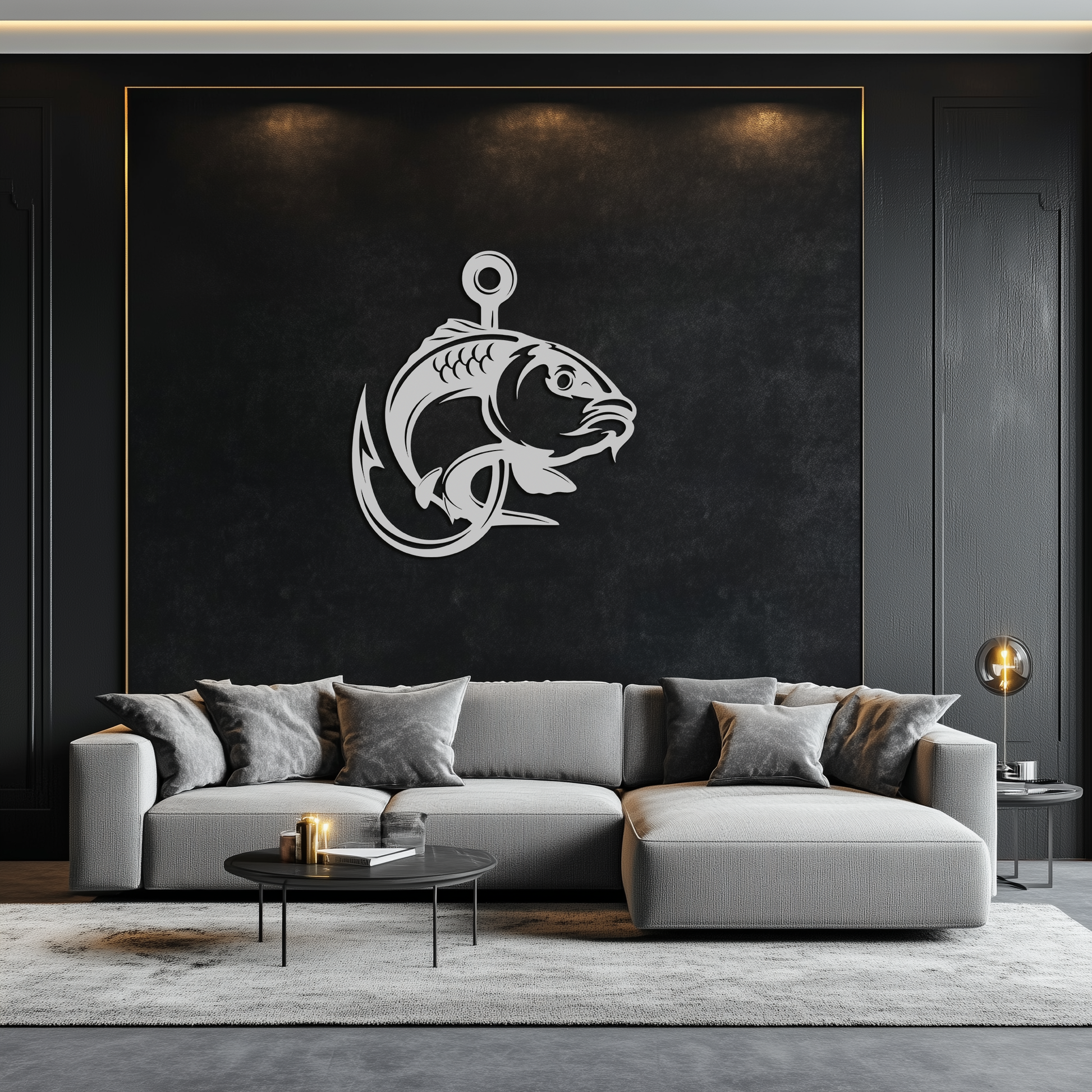 Fishing Hook and Fish Silhouette Metal Wall Art – Black Steel Angler’s Home Decor- KAF495 - Tampa Home & Garden Store