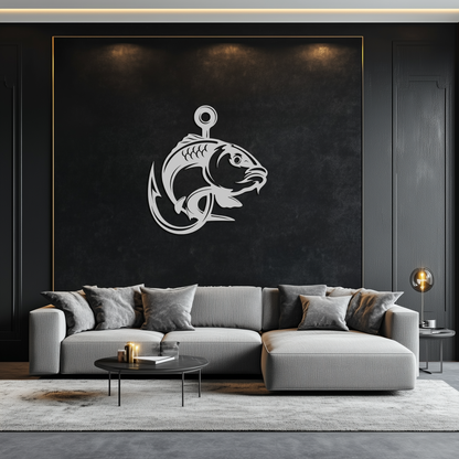 Fishing Hook and Fish Silhouette Metal Wall Art – Black Steel Angler’s Home Decor- KAF495 - Tampa Home & Garden Store