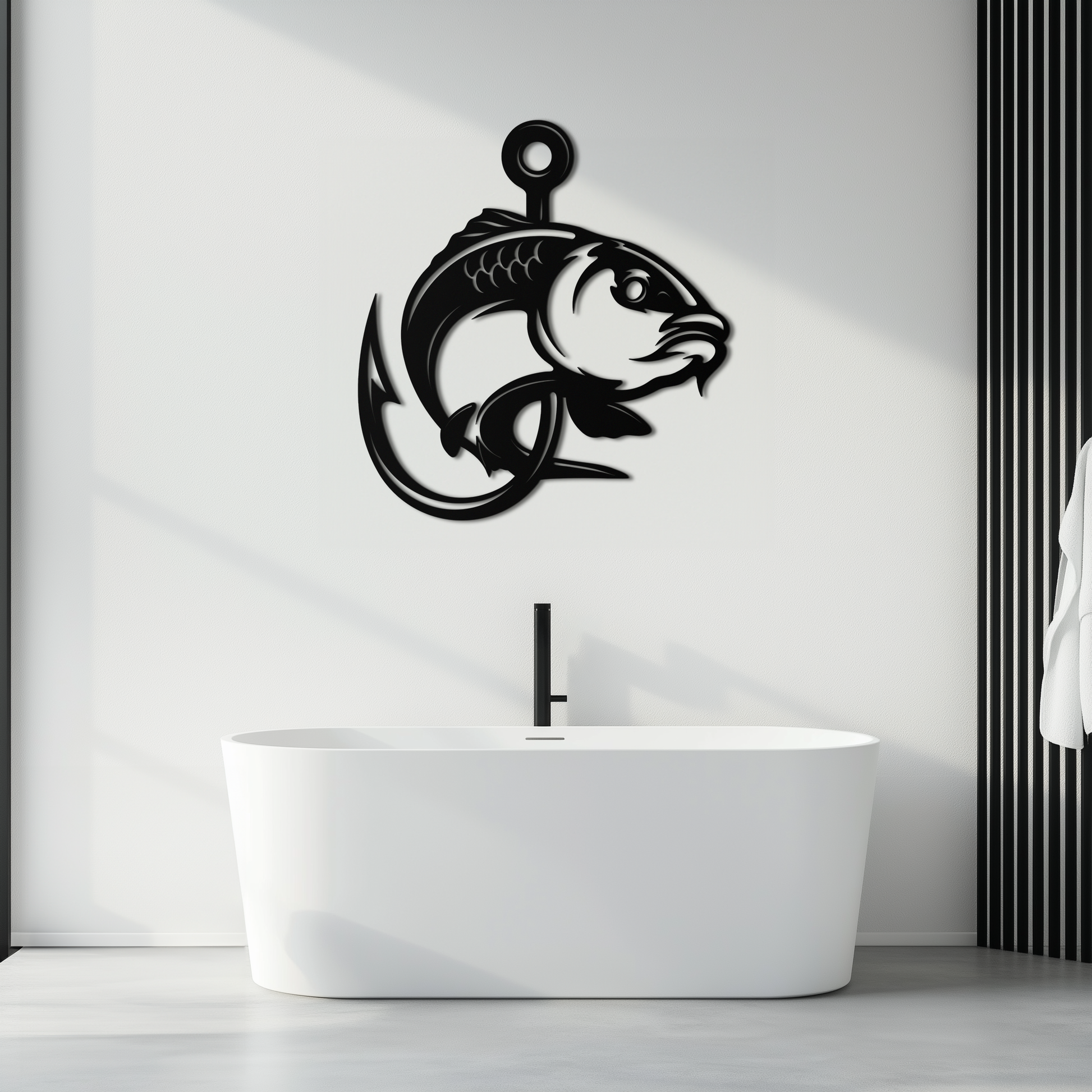 Fishing Hook and Fish Silhouette Metal Wall Art – Black Steel Angler’s Home Decor- KAF495 - Tampa Home & Garden Store