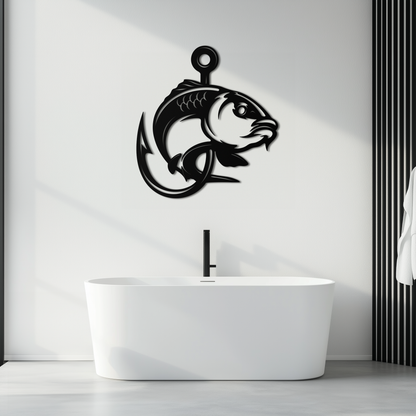 Fishing Hook and Fish Silhouette Metal Wall Art – Black Steel Angler’s Home Decor- KAF495 - Tampa Home & Garden Store