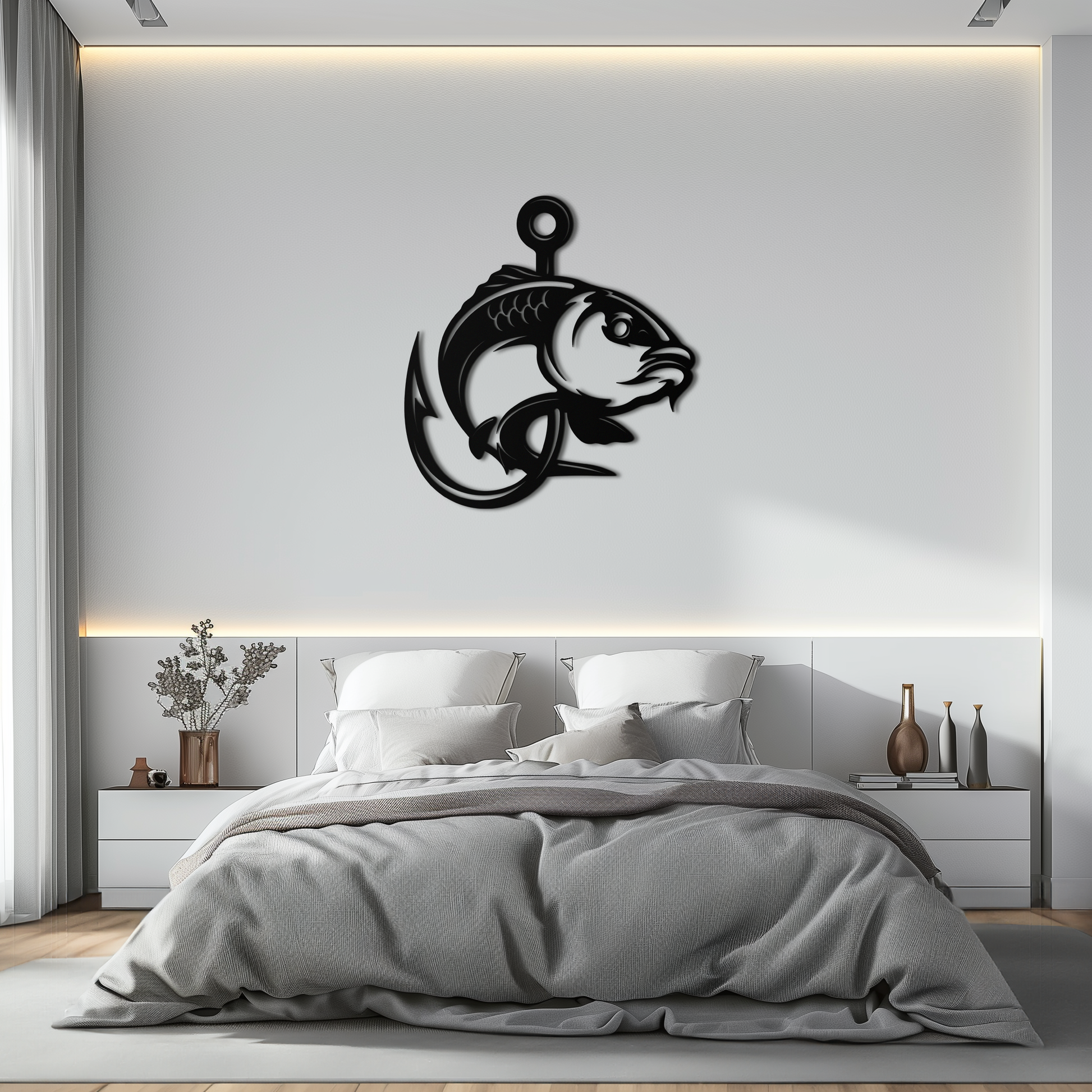 Fishing Hook and Fish Silhouette Metal Wall Art – Black Steel Angler’s Home Decor- KAF495 - Tampa Home & Garden Store