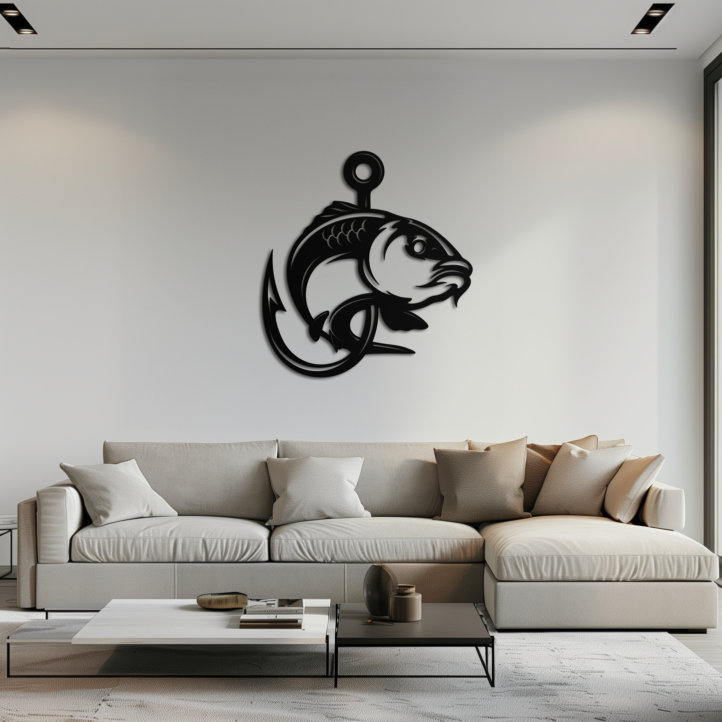 Fishing Hook and Fish Silhouette Metal Wall Art – Black Steel Angler’s Home Decor- KAF495 - Tampa Home & Garden Store