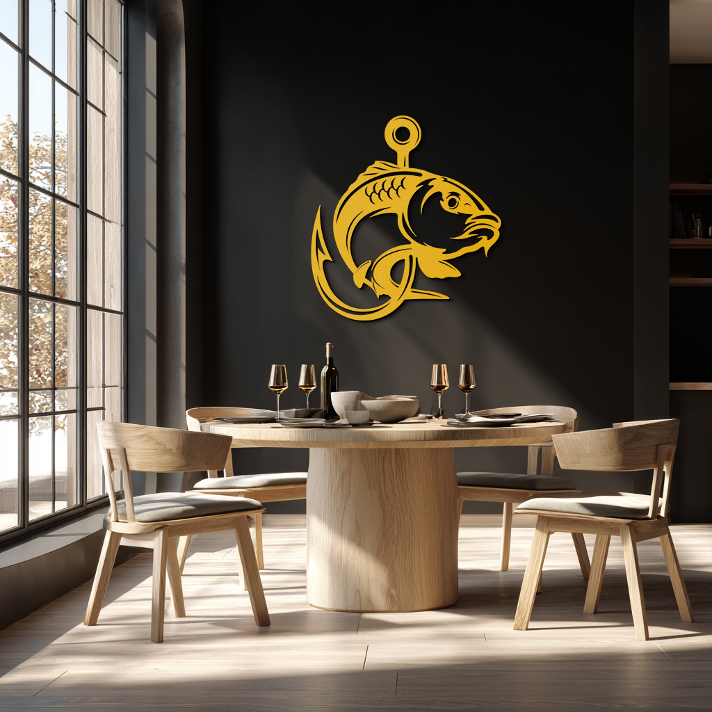 Fishing Hook and Fish Silhouette Metal Wall Art – Black Steel Angler’s Home Decor- KAF495 - Tampa Home & Garden Store