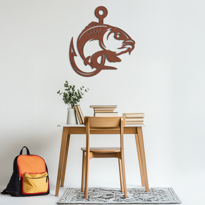 Fishing Hook and Fish Silhouette Metal Wall Art – Black Steel Angler’s Home Decor- KAF495 - Tampa Home & Garden Store