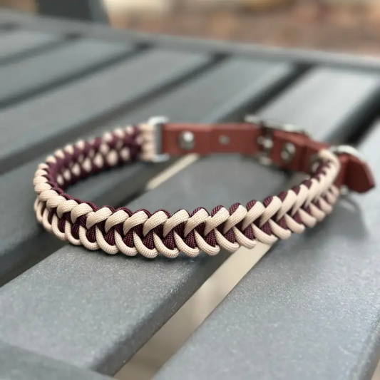Fishtail hand braided dog collar Burgundy & Cream with leather accents Pawsh Pup Co on Tampa Home & Garden Store