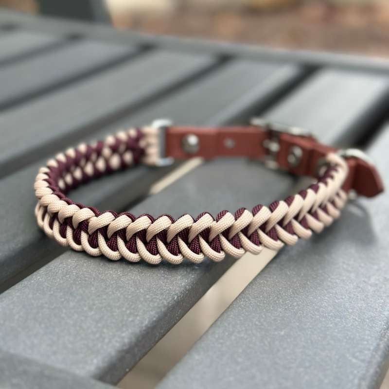 Fishtail Hand Braided Dog Collar in Burgundy & Cream - Tampa Home & Garden Store