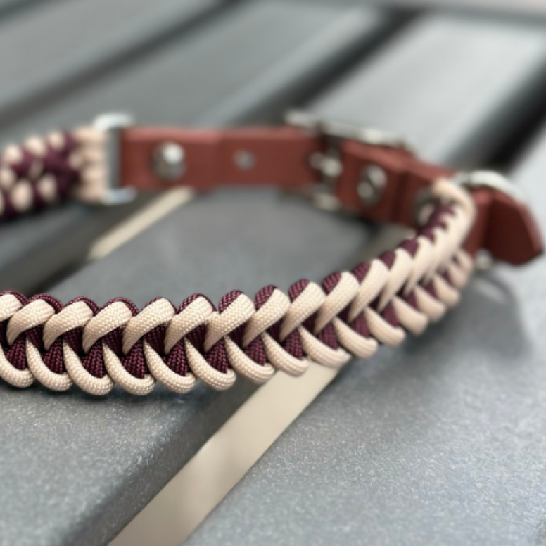 Fishtail Hand Braided Dog Collar in Burgundy & Cream - Tampa Home & Garden Store