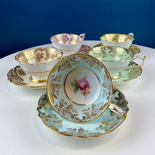 Five Piece Collection of Pastel Colored Vintage Paragon Cups & Saucers. Stunning Rich Design with Rose Motif and Gold Borders. Fine Dining. - Tampa Home & Garden Store