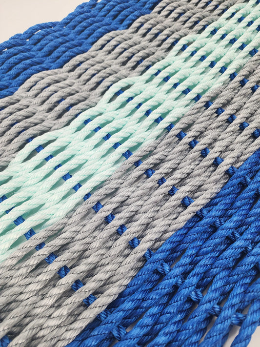 Five Stripe Rope Mat made with Lobster Rope, Blue Gray and Seafoam - Tampa Home & Garden Store