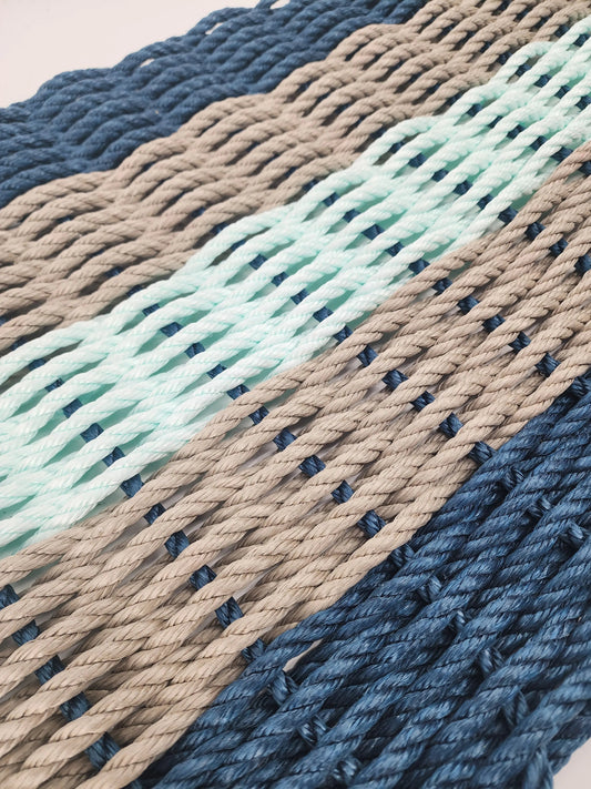 Five Stripe Rope Mat made with Lobster Rope Navy, Tan and Seafoam - Tampa Home & Garden Store