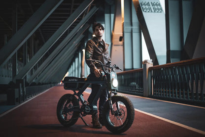 Electric bike FLASH LITE 2.0 by EUNORAU E-BIKE US, black frame with front light on bridge on Tampa Home & Garden Store