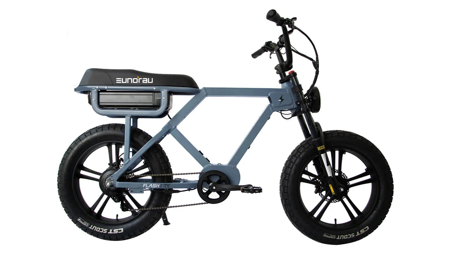 FLASH LITE 2.0 electric bike by EUNORAU E-BIKE US gray frame with rear rack battery and tires on Tampa Home & Garden Store