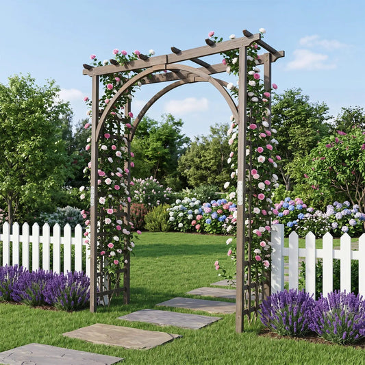 Garden Arch Trellis 85in Tall Fir Wood DirectDeals with climbing pink and white roses on Tampa Home & Garden Store