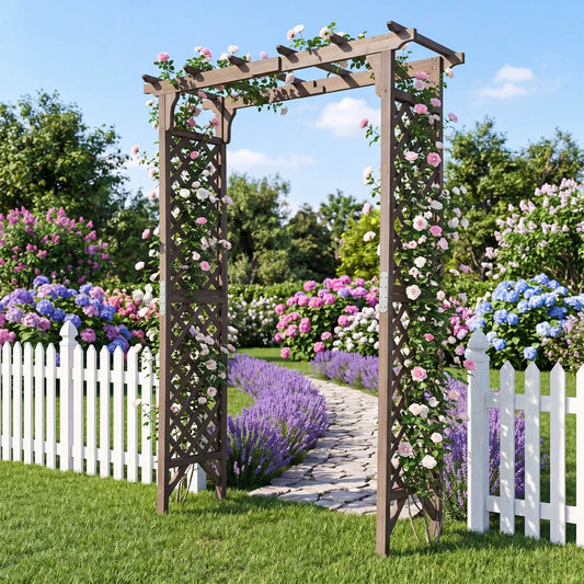 Garden arbor DirectDeals wooden arch with gate, brown finish, 85 inches tall on Tampa Home & Garden Store