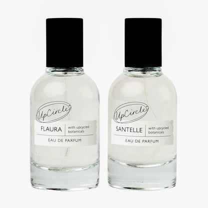 UpCircle Eau De Parfum set Flaura and Santelle, two clear glass bottles with black caps on Tampa Home & Garden Store