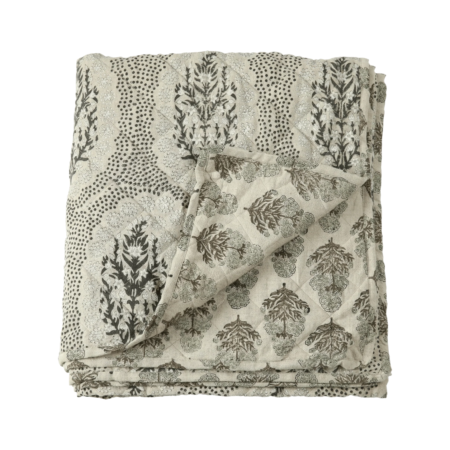 Fleur Linen & Cotton Block Print Quilted Coverlet - Tampa Home & Garden Store
