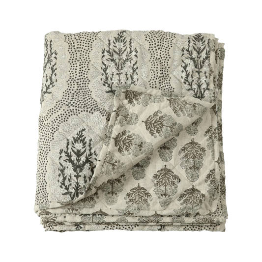 Fleur Linen & Cotton Block Print Quilted Coverlet - Tampa Home & Garden Store