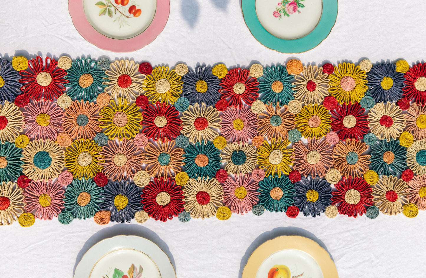 Fleur Raffia Flower Table Runner, Multicolor Flowers Woven Tabletop - Tampa Home & Garden Store