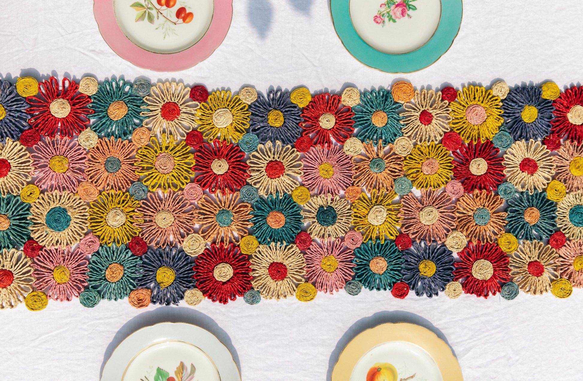 Fleur Raffia Flower Table Runner, Multicolor Flowers Woven Tabletop - Tampa Home & Garden Store