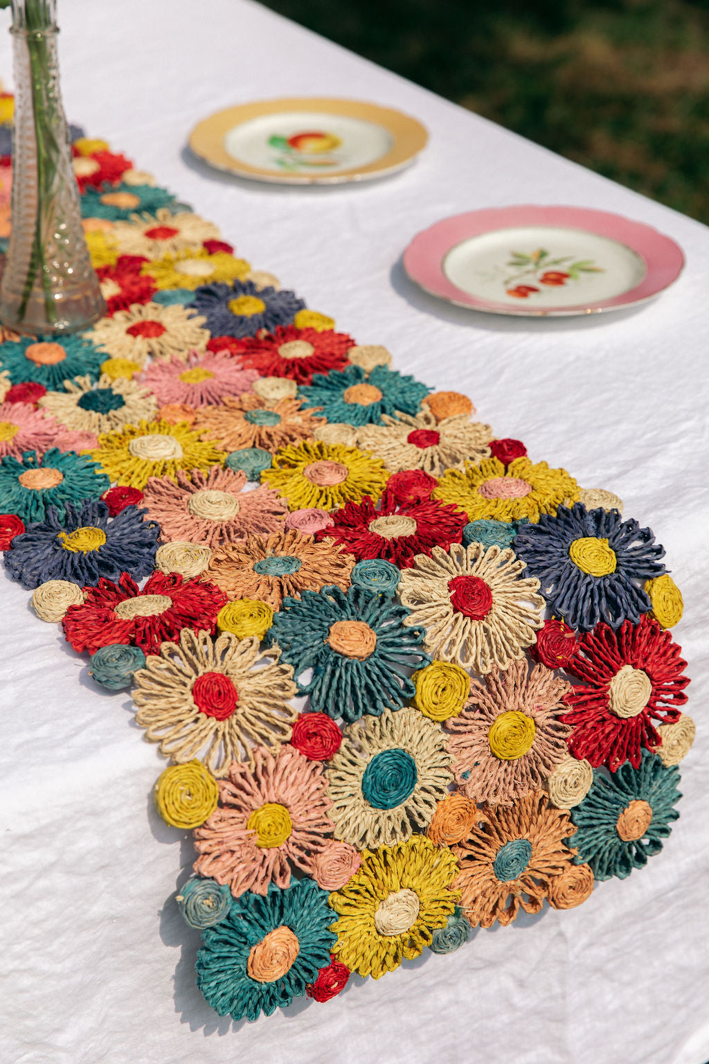 Fleur Raffia Flower Table Runner, Multicolor Flowers Woven Tabletop - Tampa Home & Garden Store