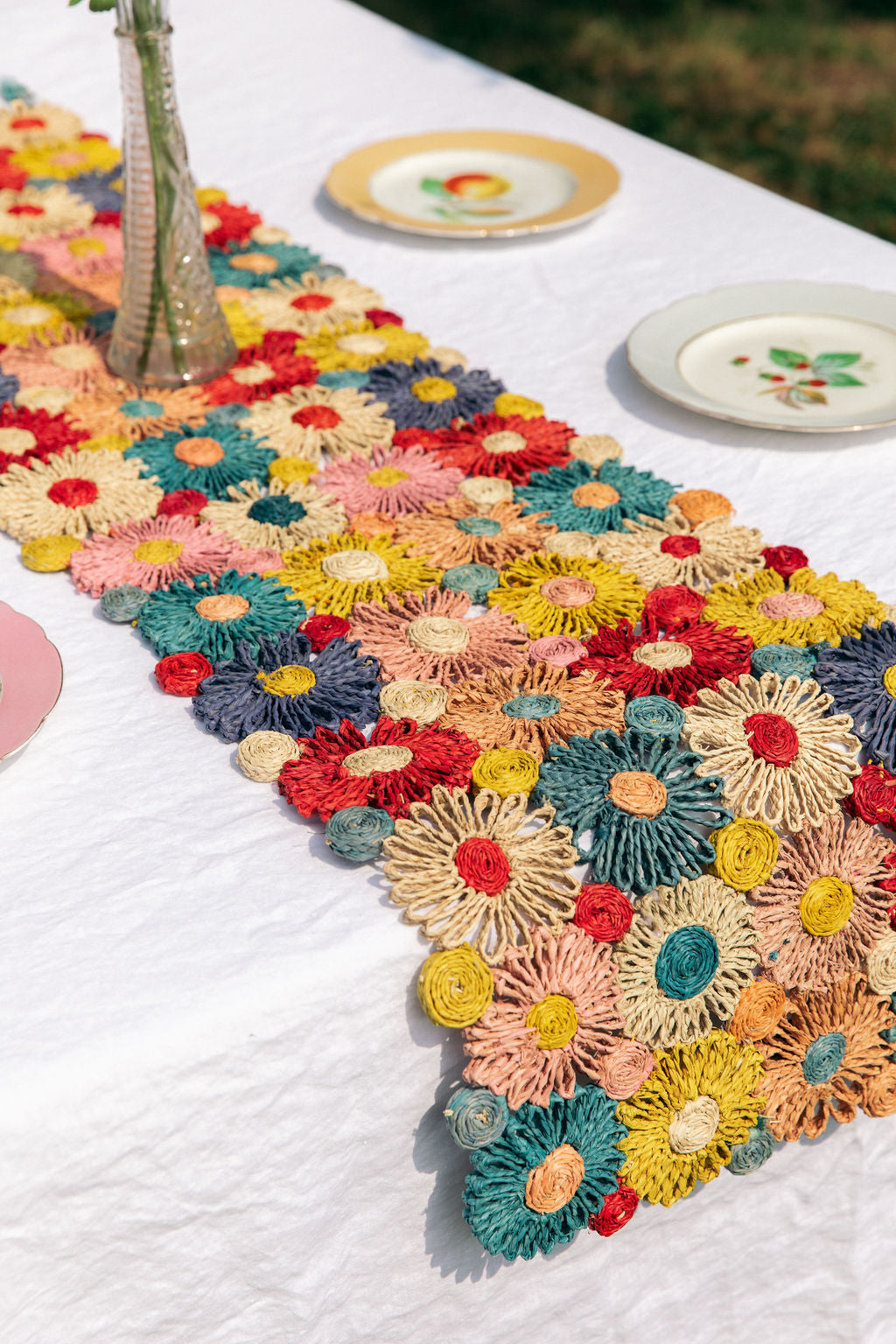 Fleur Raffia Flower Table Runner, Multicolor Flowers Woven Tabletop - Tampa Home & Garden Store