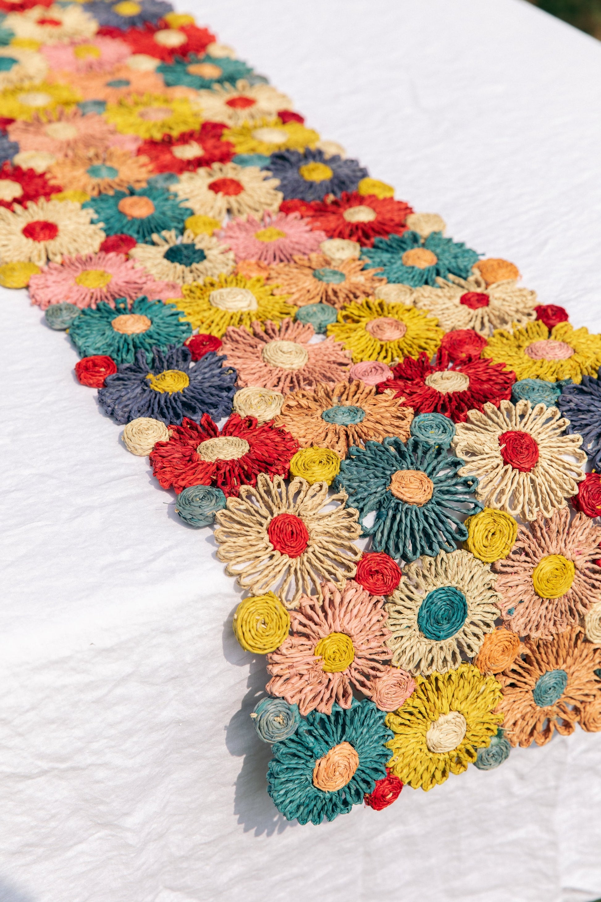 Fleur Raffia Flower Table Runner, Multicolor Flowers Woven Tabletop - Tampa Home & Garden Store