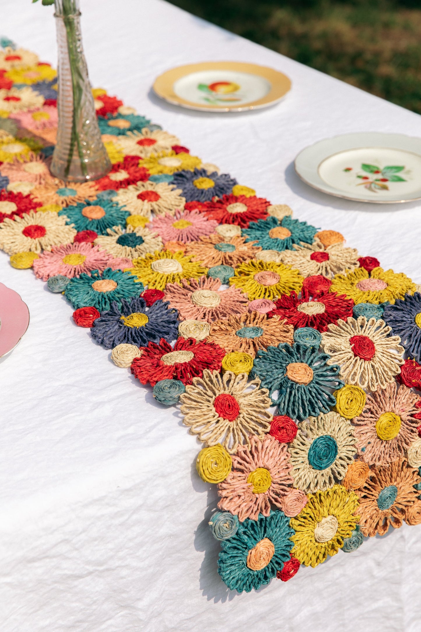 Fleur Raffia Flower Table Runner, Multicolor Flowers Woven Tabletop - Tampa Home & Garden Store