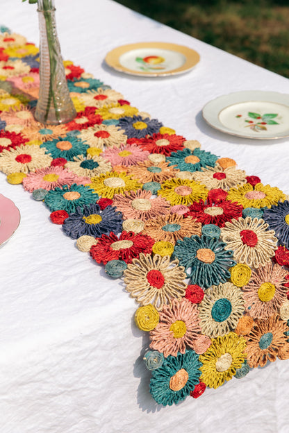 Fleur Raffia Flower Table Runner, Multicolor Flowers Woven Tabletop - Tampa Home & Garden Store